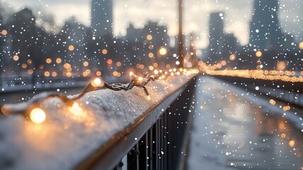 Christmas lights and colorful baubles decorating a snow covered winter city bridge railing at twilight, with a cityscape and falling in the background