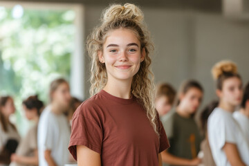 Fototapeta premium A girl with long hair is smiling and wearing a red shirt