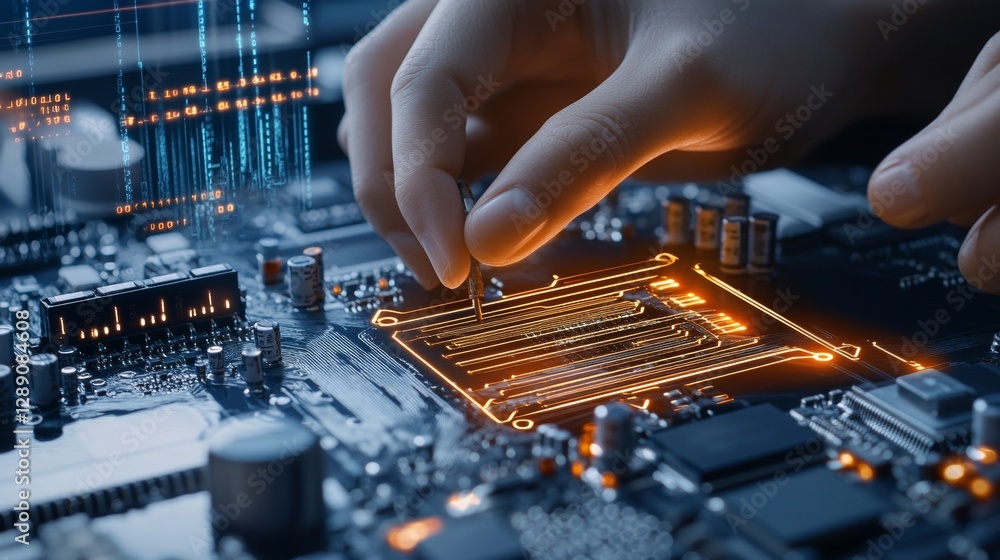Poster innovative technology development circuit board assembly modern electronics lab close-up view high-t