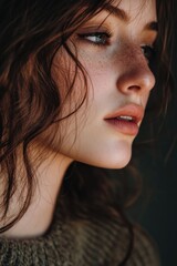 A close-up shot of a woman's face with noticeable freckles
