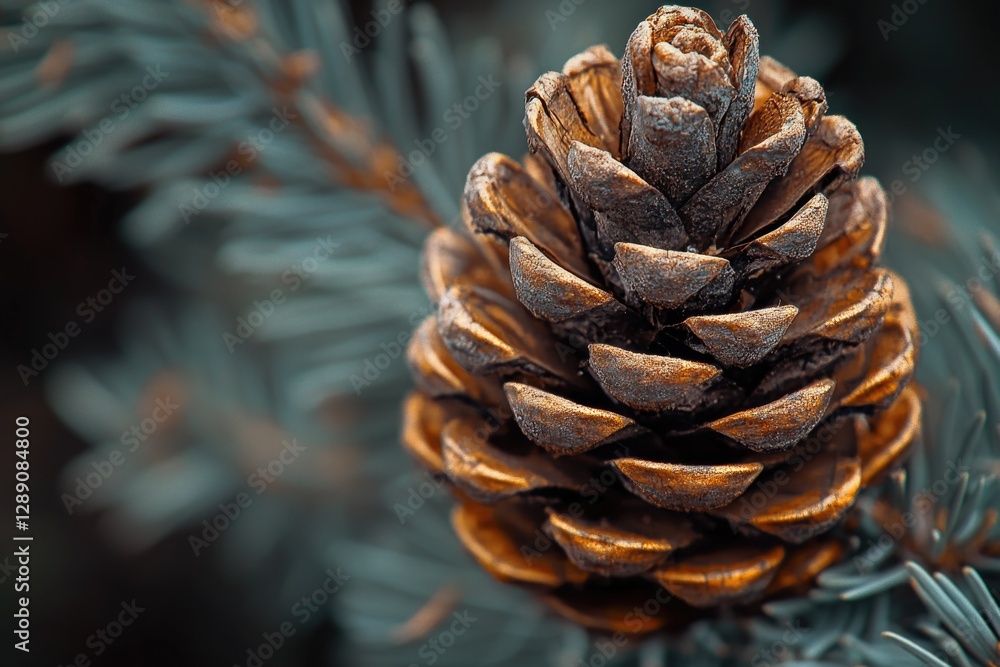 Poster a close-up view of a pine cone on a tree branch, ideal for use in nature-inspired designs or as a sy