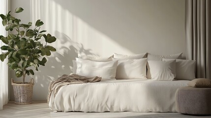 A serene and minimalistic living space featuring a cozy beige bed, soft pillows, and a leafy plant basking in warm sunlight streaming through curtains.