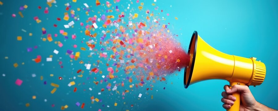 Hand holds vibrant yellow megaphone with colorful confetti explosion against blue background, celebration, excitement, joyful communication. Fun lively atmosphere of holiday, birthday party sport