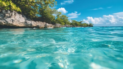 Fototapeta premium Vibrant turquoise water laps gently against a rocky shore, lush green tropical vegetation provides a backdrop under a bright blue sky with fluffy