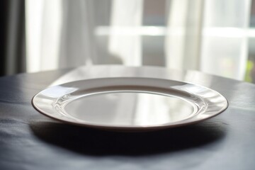 A simple white plate sitting on a table, perfect for still life photography or as a prop in various settings