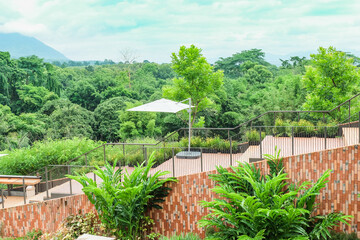 Fototapeta premium Panorama view of Rooftop garden with mist or fog on mountain,park for resting,summer vacation rest in holiday,Spring Forest,national park,space for text.