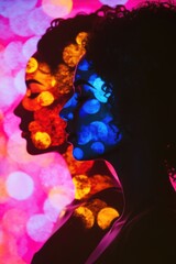 Obraz premium A woman with her face painted in blue and pink colors, possibly for a festival or celebration