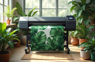 Large format printer prints green leaves pattern. CMYK offset machine in modern office with flower pots. Digital inkjet technology, vinyl graphic production for business, interior design, decor