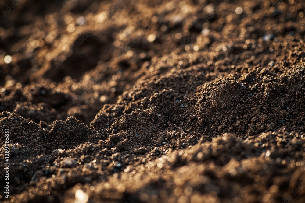 Poster a close-up view of a dirt field with visible texture and small rocks