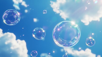 Floating bubbles in clear blue sky with fluffy clouds and sunlight