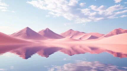 Serene desert landscape with pink sand dunes and reflective water under blue sky