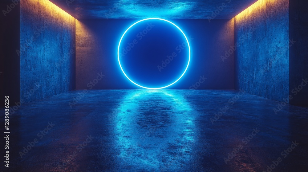 Poster modern abstract space with blue neon circle light on dark reflective floor, futuristic empty room co