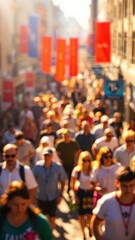 Blurry Crowd In Sunlight showcasing people walking in a busy street, illuminated by warm sunlight.
