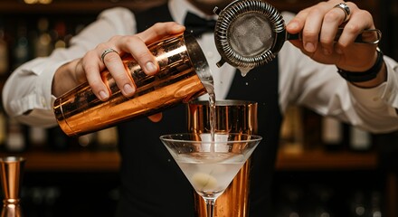 Bartender pouring martini into glass using strainer and copper shaker