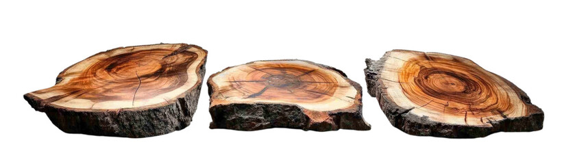 Three pieces of wood arranged on a black background for artistic display and design purposes isolated on transparent background..