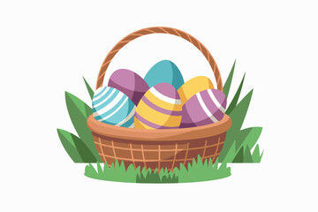 Basket with colorful easter eggs, holiday and celebration concept