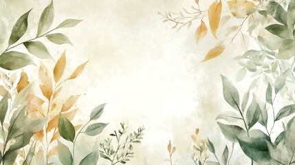 A serene watercolor illustration featuring delicate leaves in soft green and gold tones, creating a tranquil backdrop for various design projects.