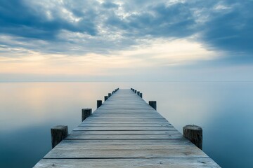 Obraz premium A serene wooden pier extending into calm waters under a moody sky, perfect for evoking tranquility and peacefulness in nature.