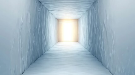 Fototapeta premium Serene White Stone Corridor - A narrow, white stone corridor leads to a bright light at the end, symbolizing hope, journey, future, enlightenment, and a path forward