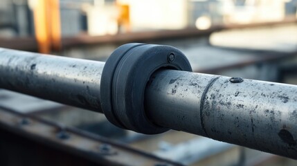 A close-up shot of a metal pipe attached to a rail