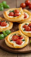 Rustic tomato and ricotta puff pastry tarts, golden and flaky, topped with vibrant cherry tomatoes, fresh basil, and a hint of cracked black pepper.