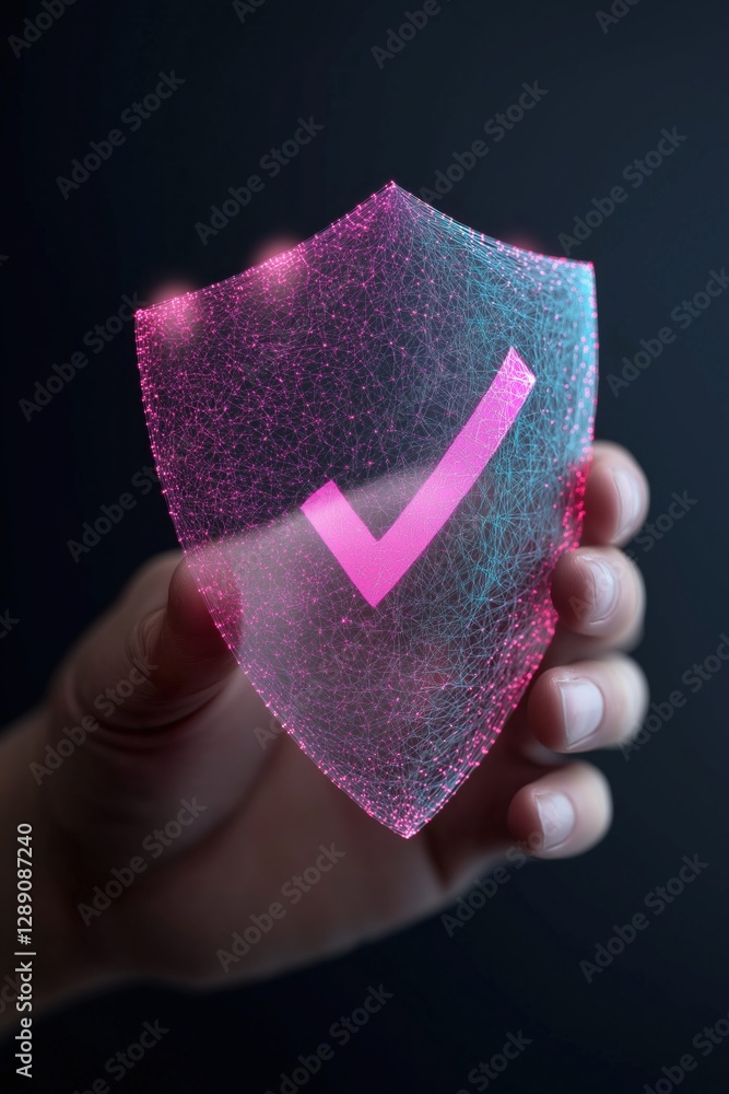 Poster a hand holding a glowing shield with a check mark on it. the shield is made of a shiny, reflective m