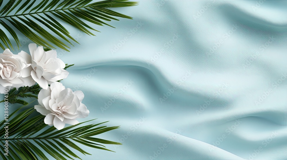 Poster light blue backdrop with palm tree shadows in an empty room offers a serene setting for showcasing s