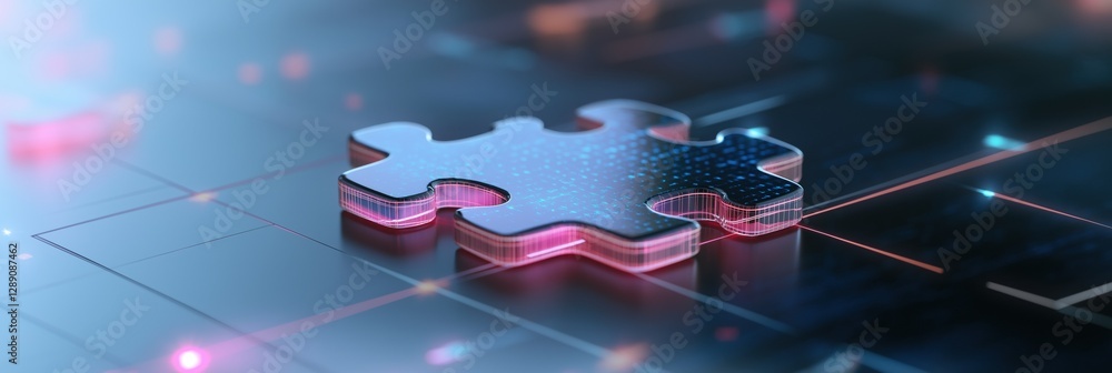 Poster a puzzle piece is on a blue background. the puzzle piece is surrounded by a pattern of lines and dot