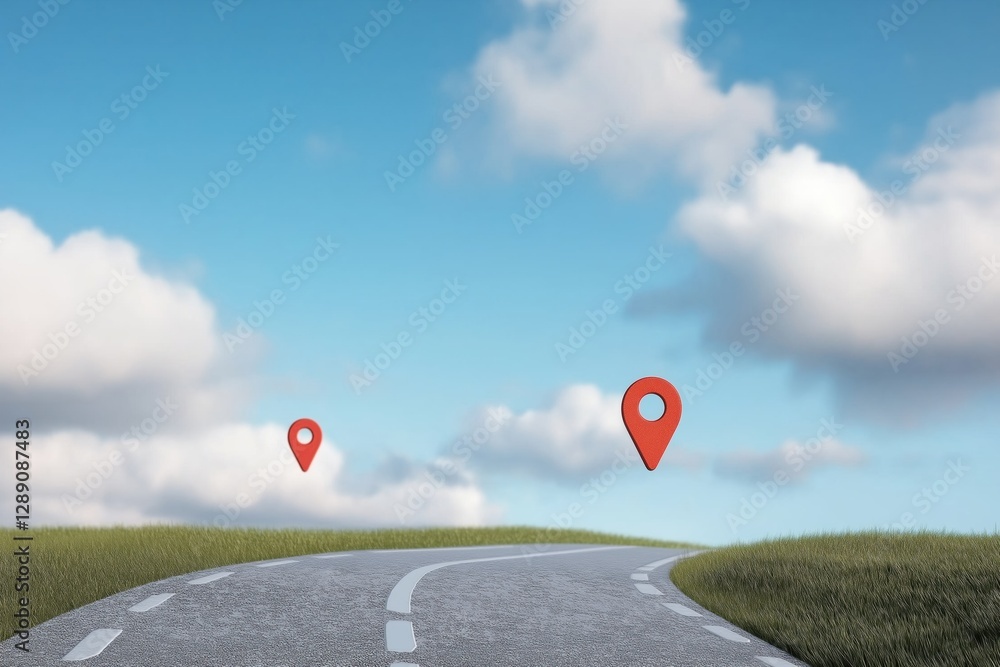 Poster a road with two red markers on it. the road is empty and the sky is blue. the markers are placed on 