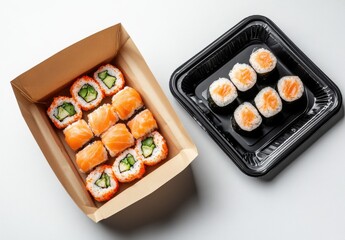 Delicious variety of sushi rolls in takeout containers displaying fresh ingredients and vibrant colors, perfect for food lovers and culinary enthusiasts alike