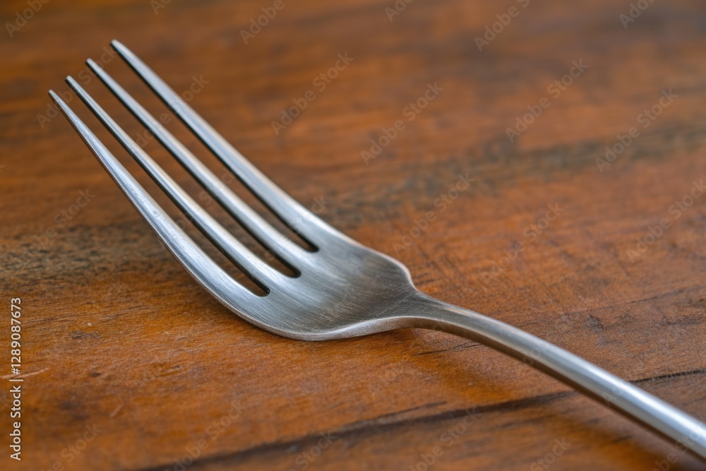 Poster a fork placed on a wooden table, suitable for use in various settings and scenes