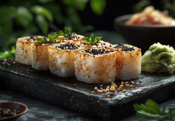 Deliciously Grilled Sushi Rolls with Tasty Toppings on Dark Stone Plate Surrounded by Green Garnish and Condiments in Dim Lighting
