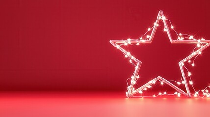 Glowing led star ornament nestling on surface, softly highlighted by warm fairy lights, creating festive holiday ambiance Copy space for text plain red background