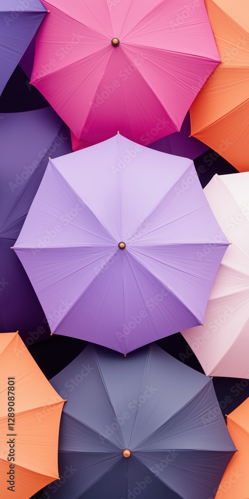 Poster a row of colorful umbrellas are displayed in a photo. the umbrellas are of different colors and size