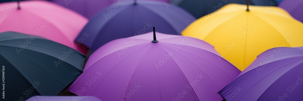 Poster a row of umbrellas with purple and yellow tops. the umbrellas are all different sizes and colors