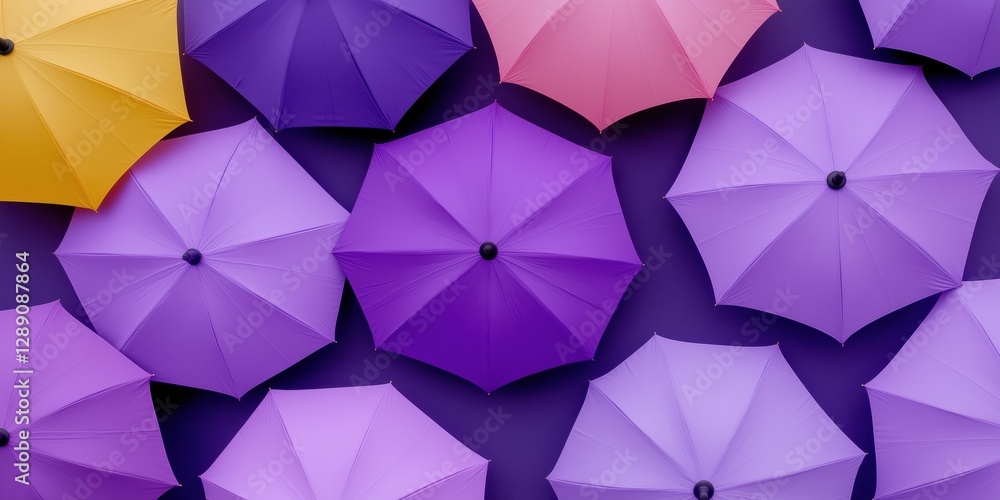 Poster a row of purple and yellow umbrellas are arranged in a pattern. concept of whimsy and playfulness, a