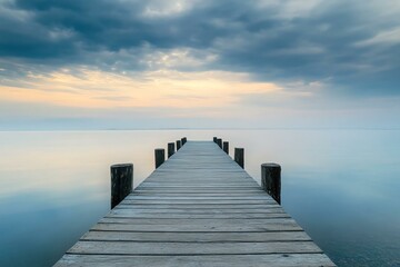 A tranquil wooden pier stretches into serene waters under a soft, cloudy sky at dawn, evoking feelings of peace and solitude in nature.