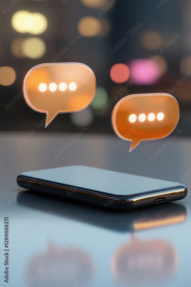 Poster two orange chat bubbles are hovering over a cell phone. the bubbles are lit up and appear to be comm