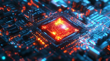 Obraz premium A vibrant close-up view of a modern computer chip, showcasing intricate details and glowing circuits in a striking color scheme of blue and red.