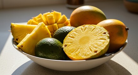 Tropical Fruits in Bowl Still Life with Pineapple Mango and Avocado
