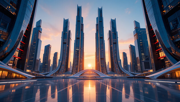 Futuristic Cityscape | Stunning Sci-Fi Skyline at Sunset - Powered by Adobe