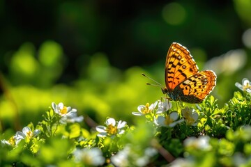 Obraz premium A butterfly perched on top of a vibrant green field, with flowers and grasses surrounding it