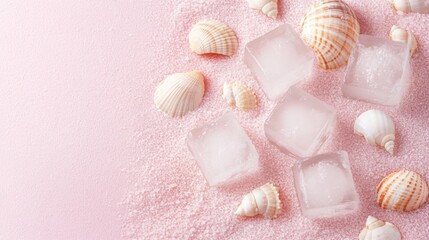 Seashells and ice cubes on pink sand background