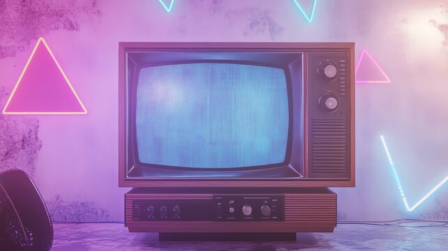 A vintage television set surrounded by colorful neon lights, evoking a retro aesthetic. Perfect for illustrating nostalgia and technological evolution.