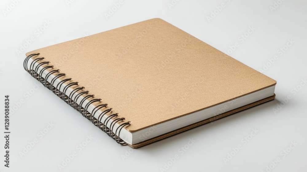 Poster a light brown spiral-bound notebook with sharp corners resting on a white background