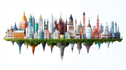 Fototapeta premium A vibrant montage of iconic buildings seamlessly blending with nature.