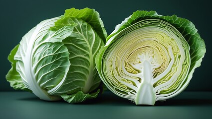 Fototapeta premium Fresh Green Cabbage Whole and Halved on Dark Background
