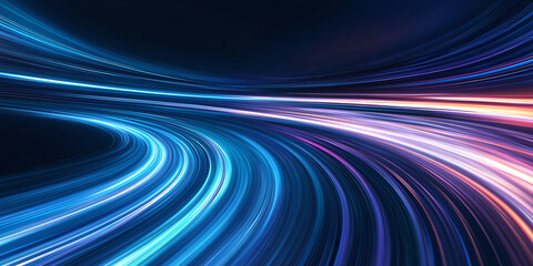 Dynamic light streaks in blue, purple, and orange create a sense of motion and modern technology, perfect for backgrounds and futuristic concepts.