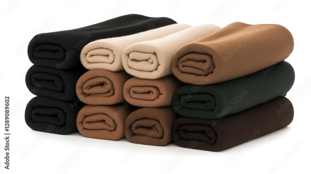 Poster collection of rolled fabrics in neutral tones displayed on a white backdrop, emphasizing soft textur