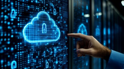 Hand interacting with cloud computing interface showing security locks